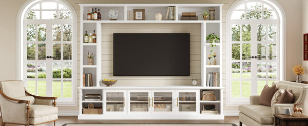 English Elm Entertainment Wall Unit with Glass Doors Open Shelving Mdf Living Room Storage White N710S688100K