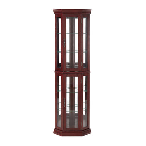 English Elm Corner Curio Cabinet with Lighted Top, Mirrored Back, Tempered Glass Shelves, Walnut Finish Elegance Cherry W1693P165015