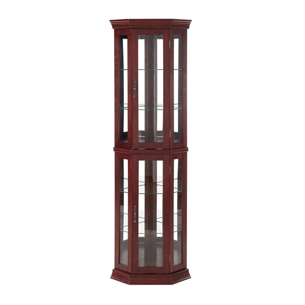 English Elm Corner Curio Cabinet with Lighted Top, Mirrored Back, Tempered Glass Shelves, Walnut Finish Elegance Cherry W1693P165015