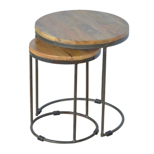 English Elm Solid Solid wood round stool with iron base set of 2 – 100% mango wood tops, industrial oak finish, nesting design Brown+Black B182P186200