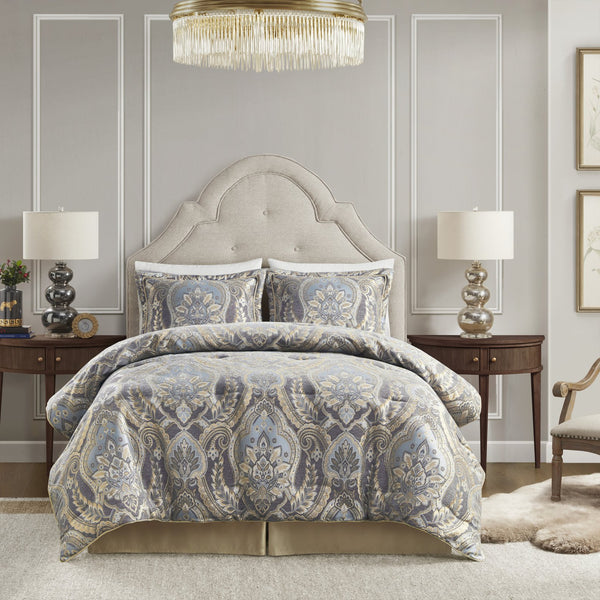 English Elm 4 Piece Julius King Comforter Set Blue/Grey Jacquard Chenille Luxury Bedding with Gold Illusion, Regal Style B035128757