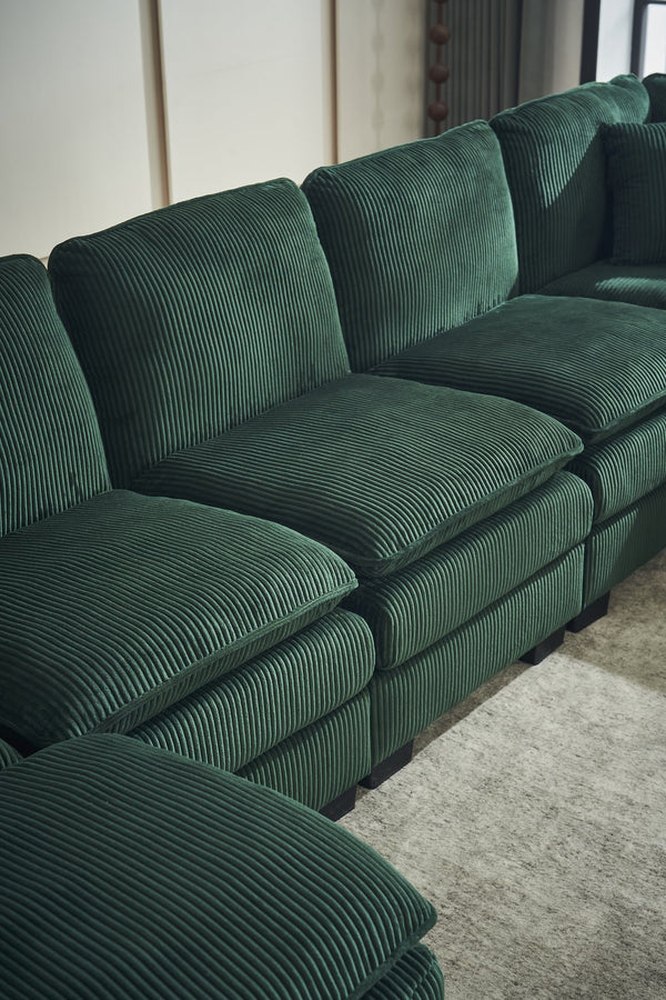 English Elm Modern U Shaped 6-Seat Sectional Sofa with Ottoman and 3 Toss Pillows, Corduroy Modular Comfort and Durable Frame Green W2363S00042