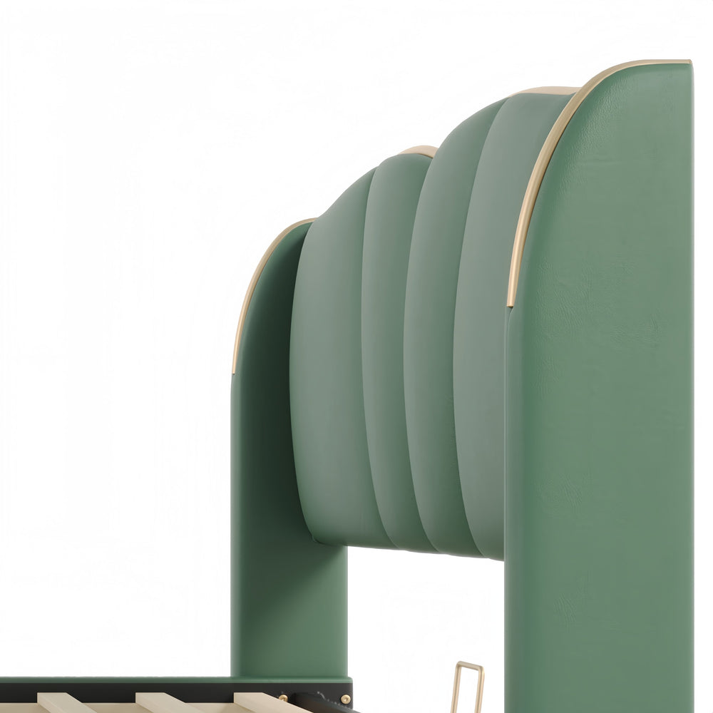 English Elm Christopher Knight Home® - King PU Leather Bed Frame with Wingback Headboard & Footboard, Gold Accents, Platform Slat Support, Elegant Design Dark Green 85 L x 10 W x 3.25 H N761S0000017F