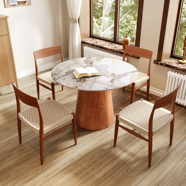 English Elm Small Round Solid Wood Pedestal Dining Table with Sintered Stone Top, Durable Family-Friendly Design T3833S00037 T3833S00037