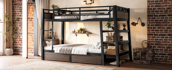 English Elm Full Size Metal Loft Bed with Stair Storage Shelves Bookshelf for Dorms Bedroom W1580S00346