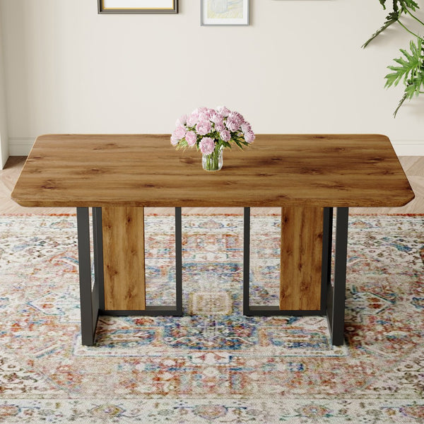 English Elm Modern Industrial Rectangular Dining Table with Wood Grain Top and Black Iron Frame W1151S01884