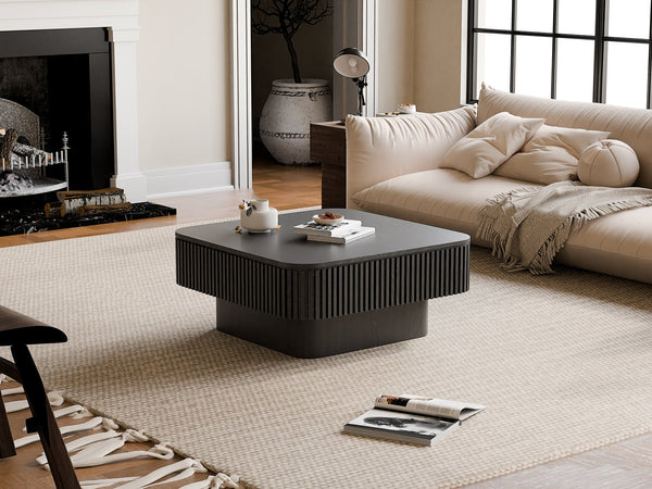 English Elm 31.5'' Square Wood Veneer Flip Top Storage Coffee Table with Slat Detail for Living Rooms Black W1435P375247