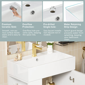 English Elm 21.6" White Left-Side Storage Bathroom Vanity with Ceramic Sink, Gold Legs, Soft-Close Door, Modern Design SV000007AAE