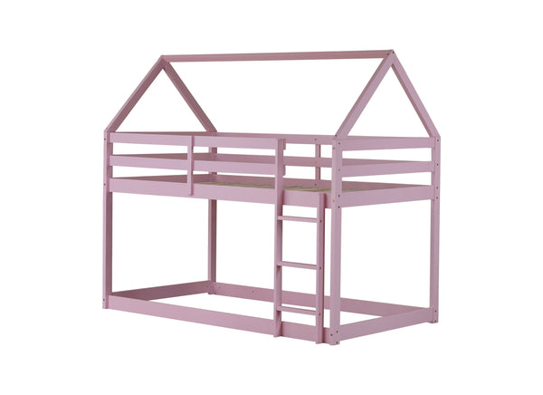 English Elm Twin Rubber Wood Floor Bunk Bed House-Shaped Design with Ladder Guardrails Sturdy Low-Profile Retreat Pink W504P206867