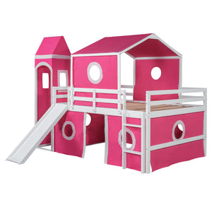 English Elm Full Size Kids Castle Loft Bed with Slide Tent and Tower Pinewood Play Structure LT000771AAH-1
