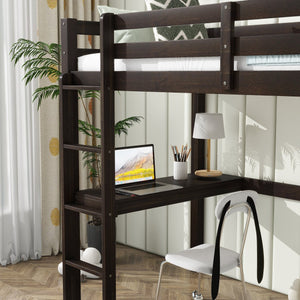 English Elm Twin High Loft Bed with Built-In Desk & Ladder, Espresso Rubberwood, Safety Guardrail, Space-Saving 90 W504P283513