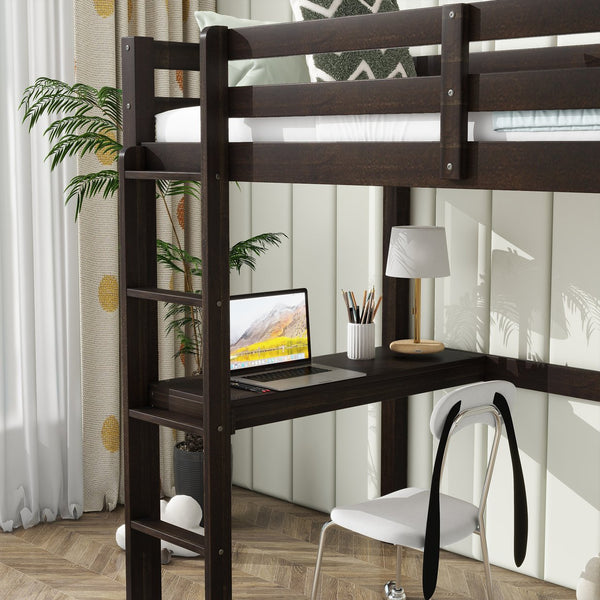English Elm Twin High Loft Bed with Built-In Desk & Ladder, Espresso Rubberwood, Safety Guardrail, Space-Saving 90 W504P283513