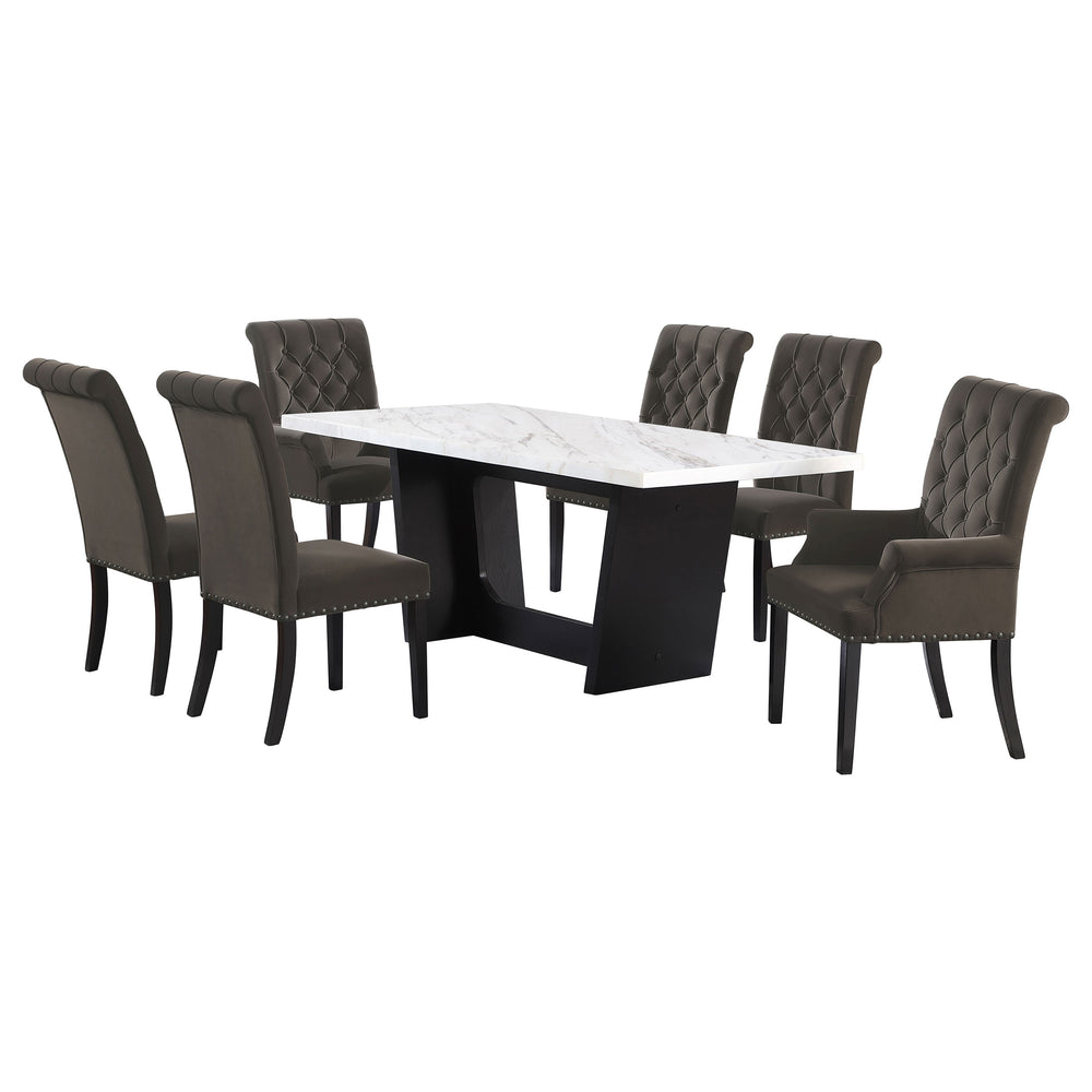 English Elm Yorba Marble Top Trestle Dining Set with Tufted Velvet Chairs for Modern Spaces B062S01668