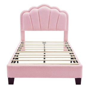English Elm Twin Flower-Shape Upholstered Bed with LED Headboard, Pink Sherpa Platform Twin Bed for Kids Room Cozy Chic N733P177307H