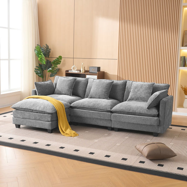 English Elm Beige Chenille Sectional Sofa with Modular Ottoman for Living Room or Studio Gray W2603S00008