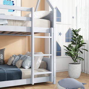 English Elm Twin Over Twin House Floor Bunk Bed With Safety Guardrails, Ladder & Playful Grey Design For Kids W504P314948-GIGA