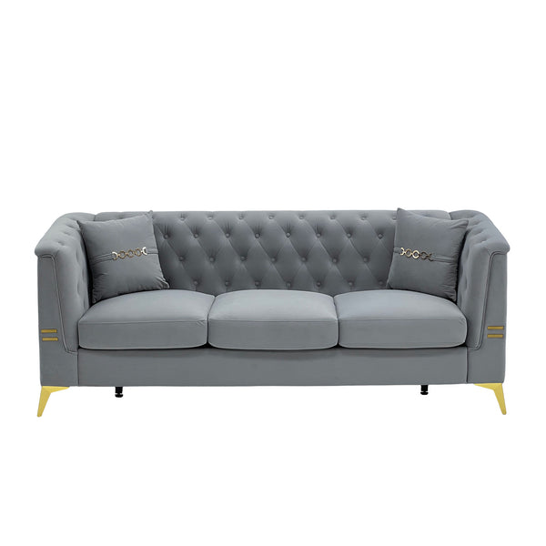English Elm FX-P83-2PC Velvet Sofa Set of 2 with Tufted Cushions and Gold-Tone Metal Legs for Luxe Comfort Light Gray W576S00238