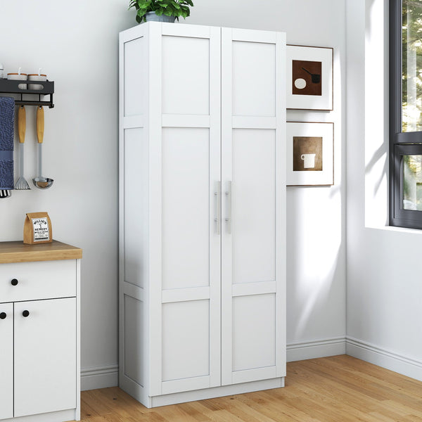 English Elm Pantry Adjustable 2-Door Storage Cabinet with 3 Shelves, Slim White Freestanding Cupboard for Home W331S00076