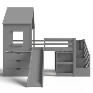 English Elm Full Size Metal Loft Bed with Stair Storage Shelves Bookshelf for Dorms Bedroom W1580S00396