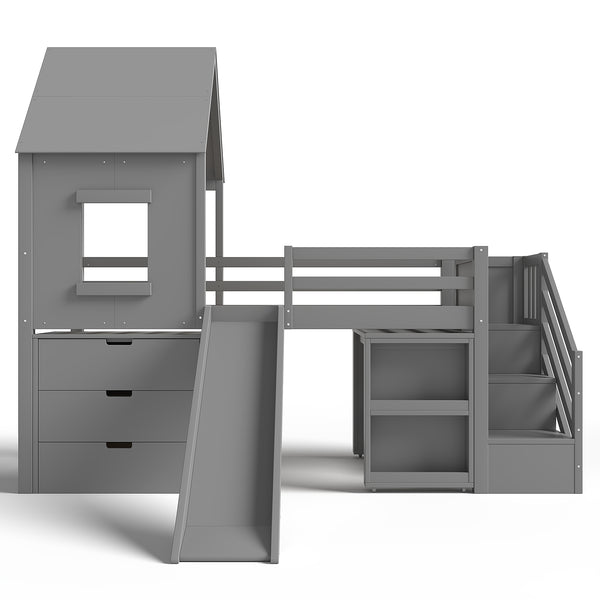 English Elm Full Size Metal Loft Bed with Stair Storage Shelves Bookshelf for Dorms Bedroom W1580S00396