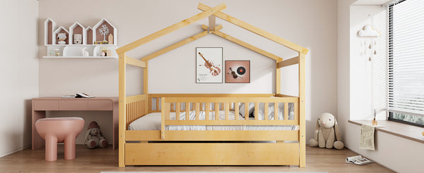 English Elm Full Size Pine House Bed with Roofline Frame and Roll Out Twin Trundle for Kids Natural LP100306AAN