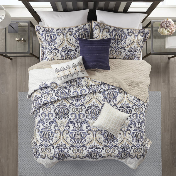 English Elm 6 Piece Reversible Quilt Set with Paisley Motif and Neutral Reverse, Embroidered Throw Pillows Included Navy 23.23 L x 17.72 W x 13.98 H B03597401