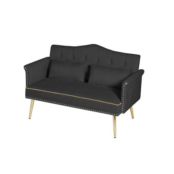 English Elm BLACK Velvet 2-Seater Sofa with Gold Metal Legs, Foam Cushions, Solid Wood Frame, Modern Luxe Design W588P165685