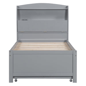 English Elm Twin LED Platform Bed with Trundle and Under-Storage Drawers, Flip-Up Headboard, USB Ports Gray N820S10008E