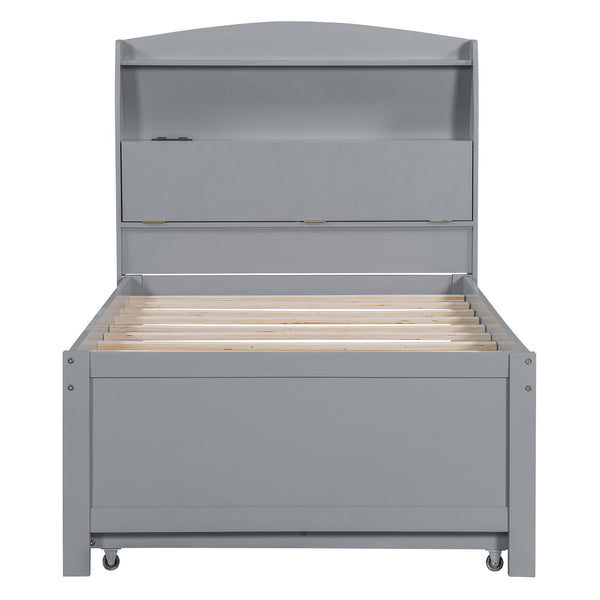 English Elm Twin LED Platform Bed with Trundle and Under-Storage Drawers, Flip-Up Headboard, USB Ports Gray N820S10008E