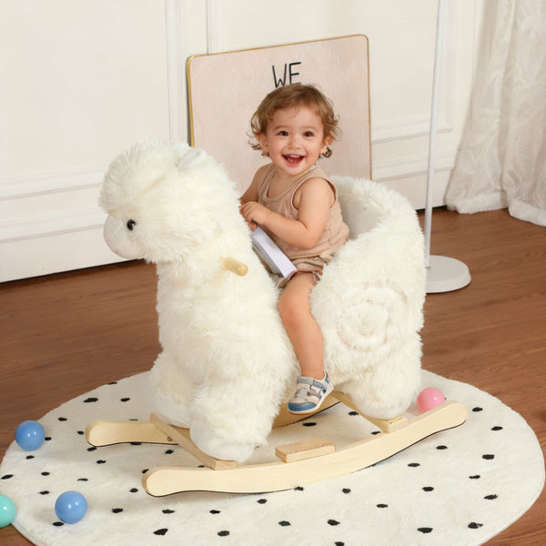 English Elm Kids Alpaca Plush Rocking Toy with Lullaby Sounds Jingle Bells and Safety Belt W3723P374144