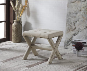 English Elm Linen Small Accent Bench with Tufted Seat and Nailhead Trim, Wood X-Leg Entryway Seating, Stylish Natural 20 L x 19 W x 7 H B011P357492