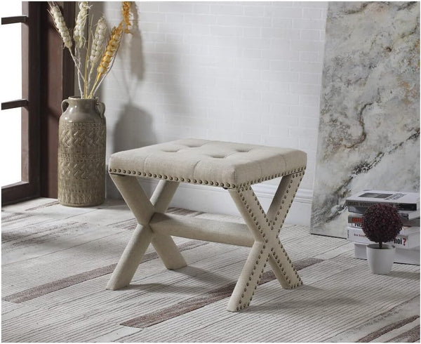 English Elm Linen Small Accent Bench with Tufted Seat and Nailhead Trim, Wood X-Leg Entryway Seating, Stylish Natural 20 L x 19 W x 7 H B011P357492