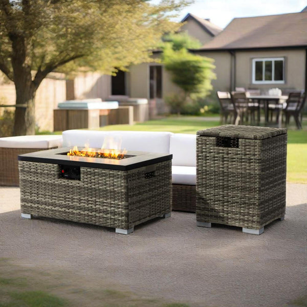 English Elm 32" Outdoor Propane Fire Pit Table with Ceramic Top, 50,000 BTU Stainless Steel Burner, Wicker Base and Tank Cover Beige W853P202196