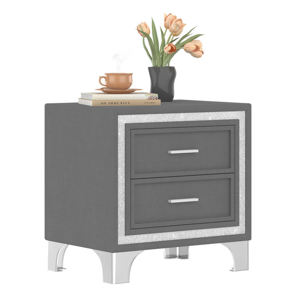 English Elm Mid Century Nightstand Velvet 2-Drawer Bedside Table with Metal Legs, Retro Space-Saving Storage and Durable Finish Gray 23.5 L x 19 W x 17 H N733P183659E