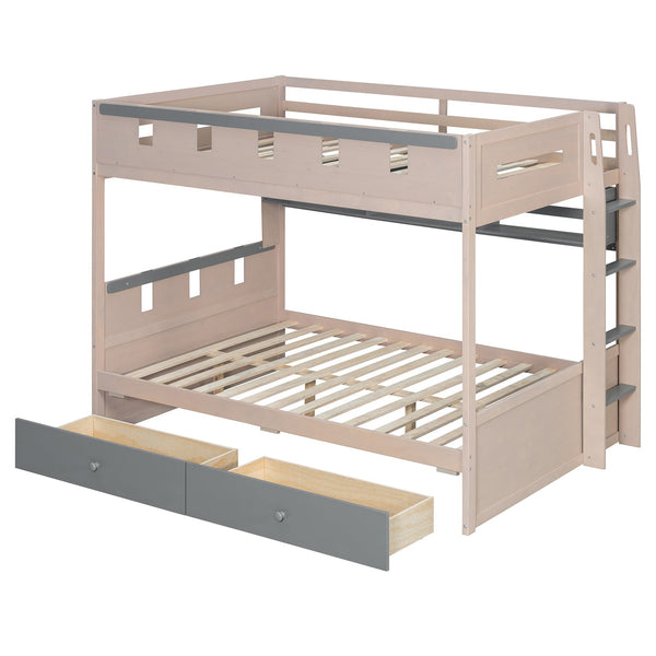 English Elm Full Size Castle Bunk Bed with Led Lighting Built in Shelf and Storage Drawers Gray LT000159AAE