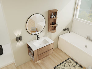 English Elm 30" Wall-Mounted Bathroom Vanity With Ceramic Sink, 2 Soft-Close Drawers & Space-Saving Rack W999S00343