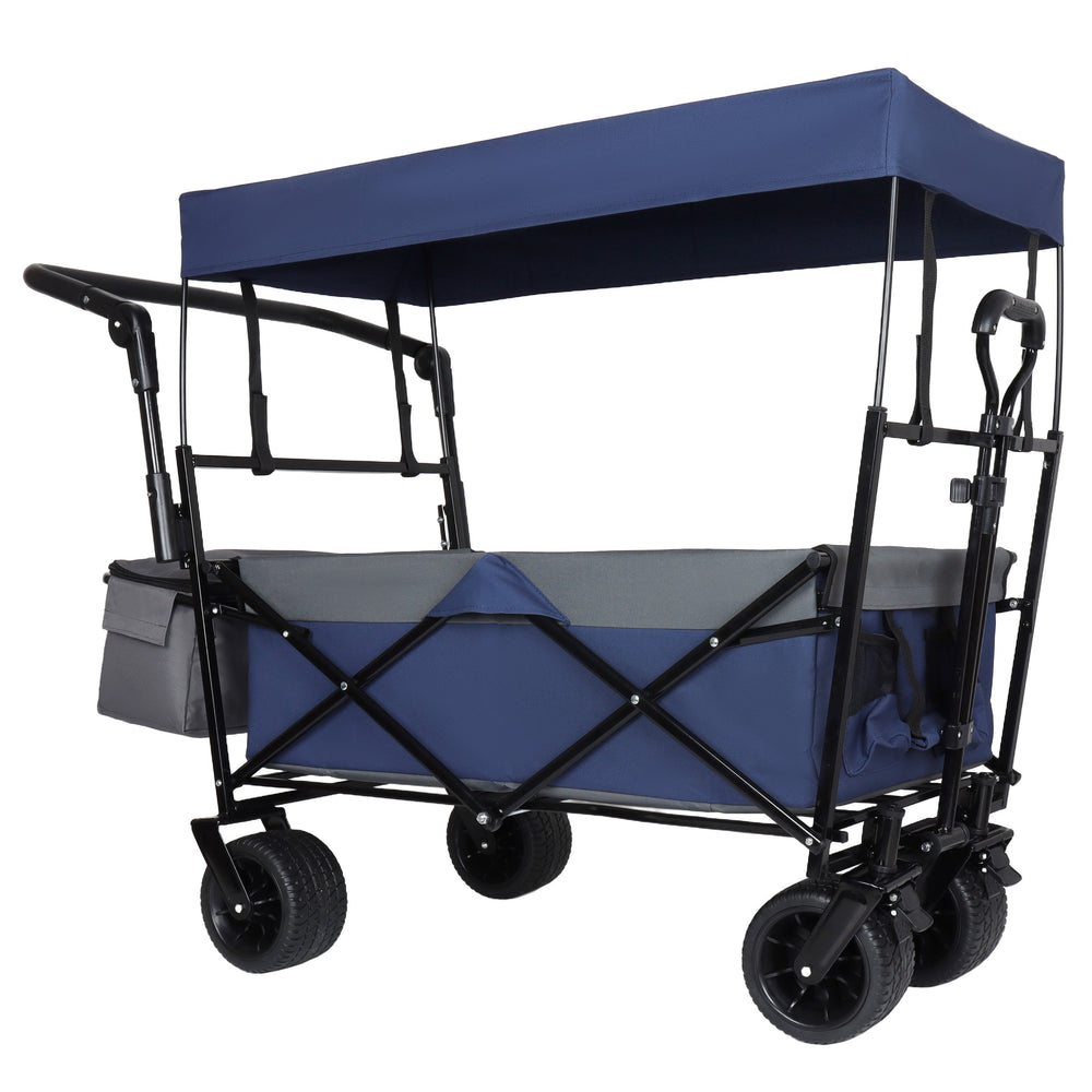 English Elm With Canopy and Steel Frame Collapsible Wagon All-terrain Heavy Duty Outdoor Cart Dark Blue W2932P326777