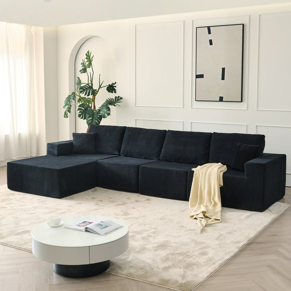 English Elm 139.3" Modular Sectional Sofa - Cloud-Like Boneless Corduroy Couch with Ottoman, 2 Pillows, No Assembly Black W2656S00007