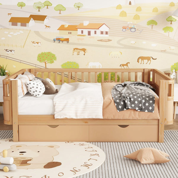 English Elm Full Solid Wood Kids Platform Bed with Guardrail, Low-Profile Durable Pine & MDF, 350LB Capacity Natural 69.69 L x 18.5 W x 8.66 H W2593P331687