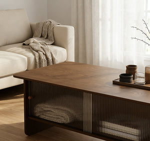 English Elm 47"rectangular Coffee Table Fluted Glass Sliding Doors Retro Wood Grain Living Room Storage Brown W3935P408518