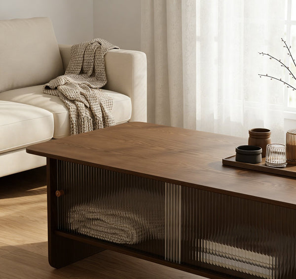 English Elm 47"rectangular Coffee Table Fluted Glass Sliding Doors Retro Wood Grain Living Room Storage Brown W3935P408518