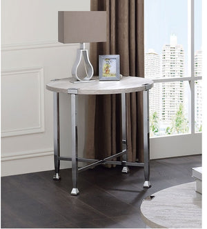 English Elm Contemporary Sofa Table with Wooden Top and X-Frame Metal Legs, Stable Modern Console for Living Room Chrome,White Oak 28 L x 31.5 W x 5 H B2741P337718