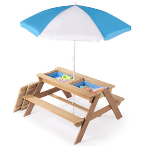 English Elm 3-in-1 Kids Cedar Outdoor Picnic Sand Water Play Table with Shading Umbrella W1390P160713