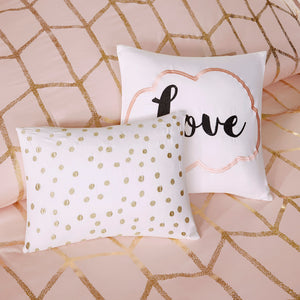 JLA Home Intelligent Design - Metallic Raina Comforter Set with Geometric Metallic Print, Embroidered Pillows & Antimicrobial Finish Blush/Gold ID10-1246