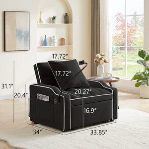 English Elm Sleeper Sofa Chair Velvet Convertible Armchair with Usb Charging for Small Spaces Black W1359P458672