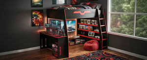 English Elm Full Size Wood Loft Bed with Rgb Lighting Desk and Multi-tier Shelves for Gaming Red LT000374AAR