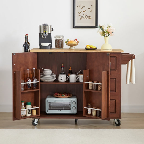 English Elm Kitchen Island Cart with Drop-Leaf Rubberwood Countertop, Rolling Tower Rack, Drawers & Spice Storage Brown W1820P195006