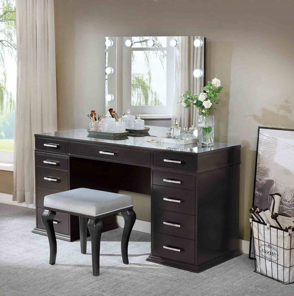 English Elm Glam Elegant Vanity Set with LED Mirror, Plush Stool, Ample Storage, Felt-Lined Drawers, Chic Finish Grey Mix 33 L x 41 W x 8 H B2741S00678