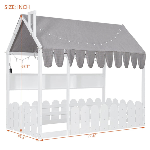 English Elm {slats Are Not Included} Twin Montessori House Floor Bed Kids Tent Lights Shelves Pinewood Frame White N708P407962K