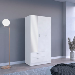 English Elm Riverside Mirrored Armoire with Three Doors, Two Drawers, Four Shelves and Hanging Rod for Wardrobe Organization White 71 L x 16.9 W x 3.9 H B070S00216